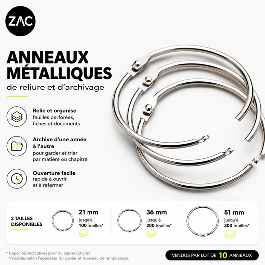 Lot de 10 anneaux métalliques ouvrables ZAC – Reliure et archivage