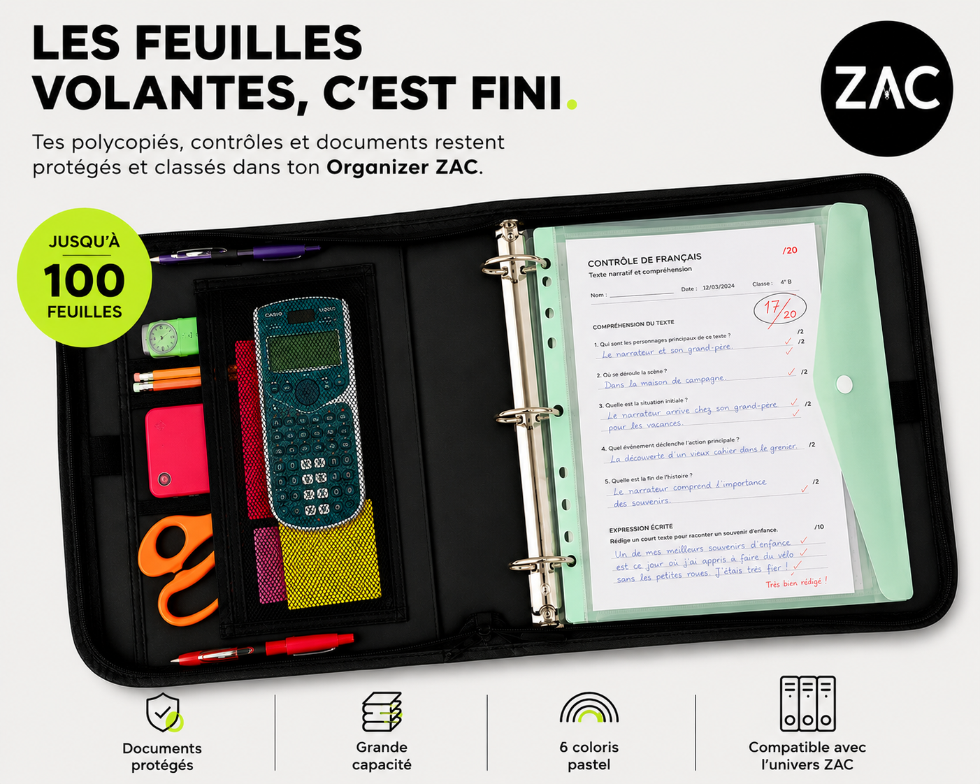 Pochette de classement A4 ZAC – Fermeture pression ou velcro