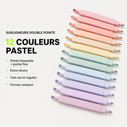 Lot de 12 surligneurs pastel double pointe ZAC