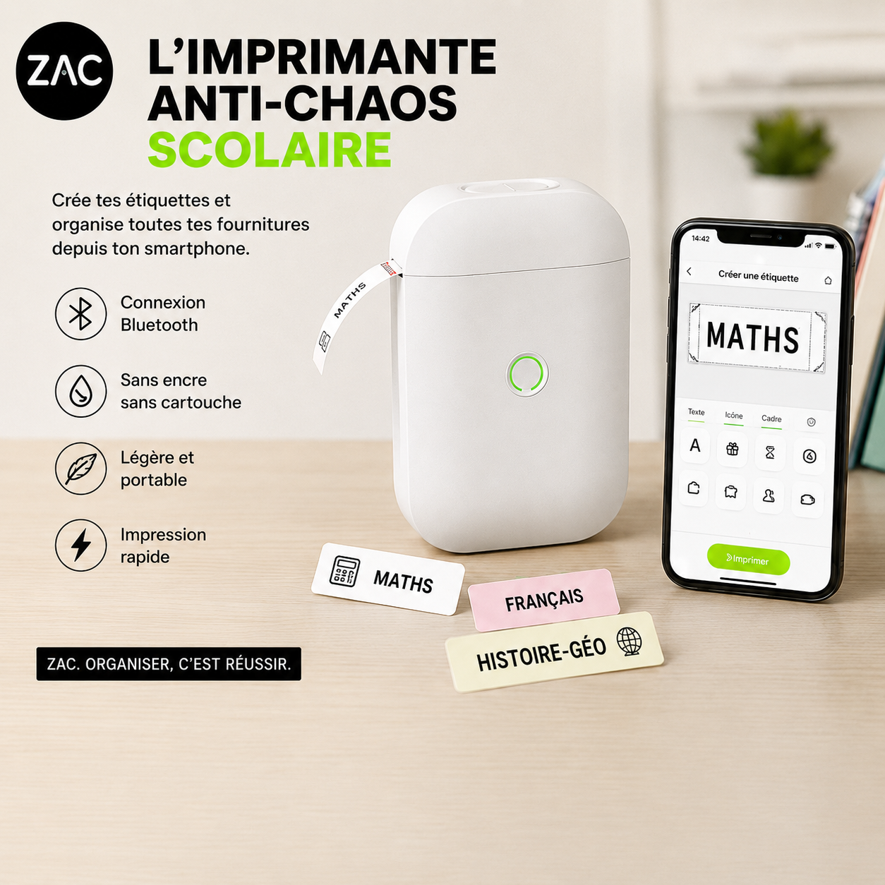 Imprimante d’étiquettes thermique portable ZAC – Bluetooth et sans encre