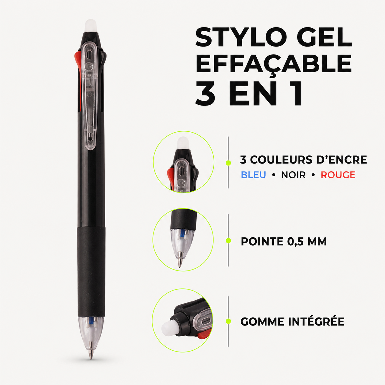 Stylo gel effaçable 3 couleurs ZAC – Bleu, noir et rouge