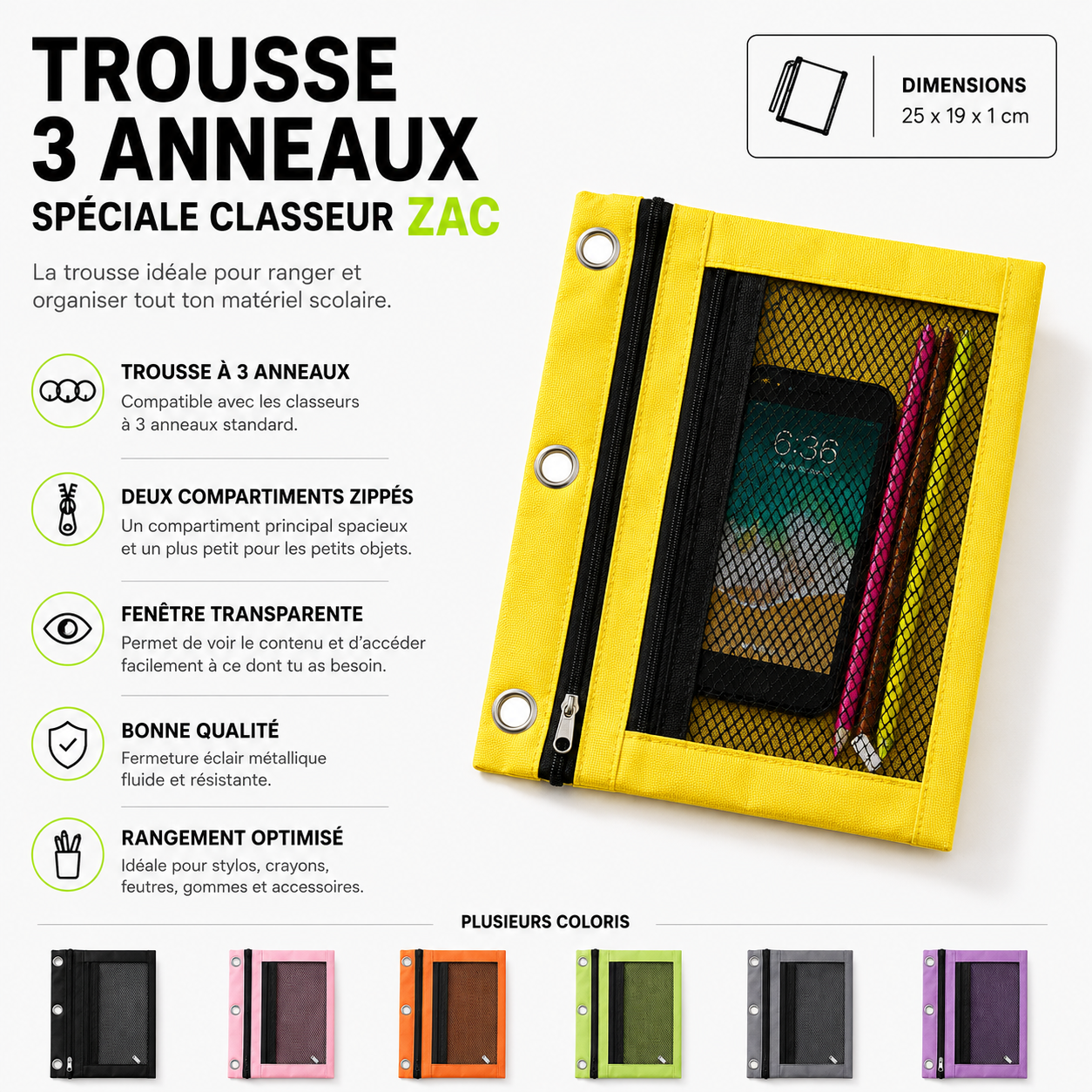 Trousse 3 anneaux ZAC – Double compartiment pour classeur zippé