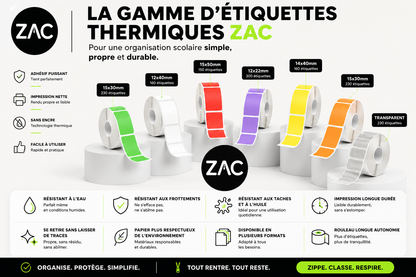 Rouleau d’étiquettes thermiques autocollantes ZAC – Plusieurs formats et couleurs