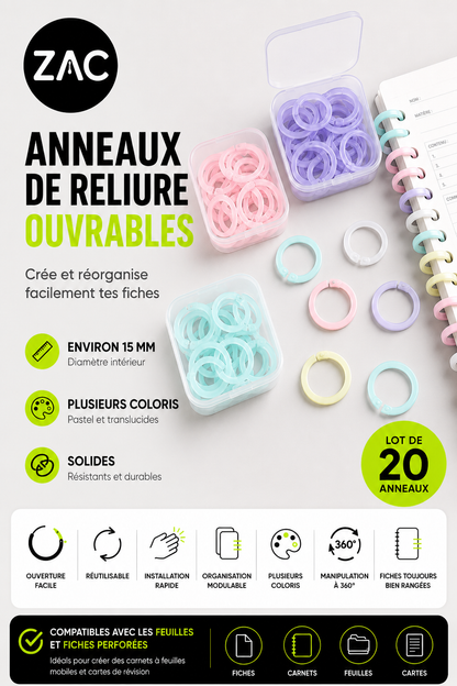Lot de 20 anneaux de reliure ouvrables ZAC – 6 couleurs pastel