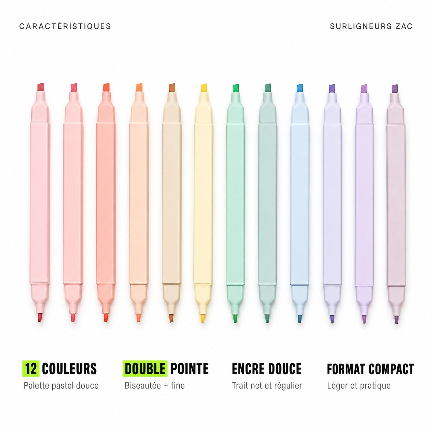 Lot de 12 surligneurs pastel double pointe ZAC