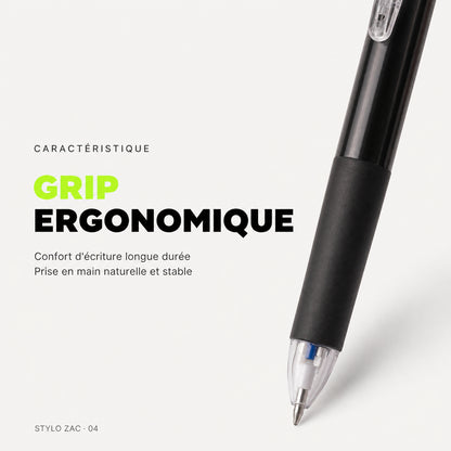 Stylo gel effaçable 3 couleurs ZAC – Bleu, noir et rouge