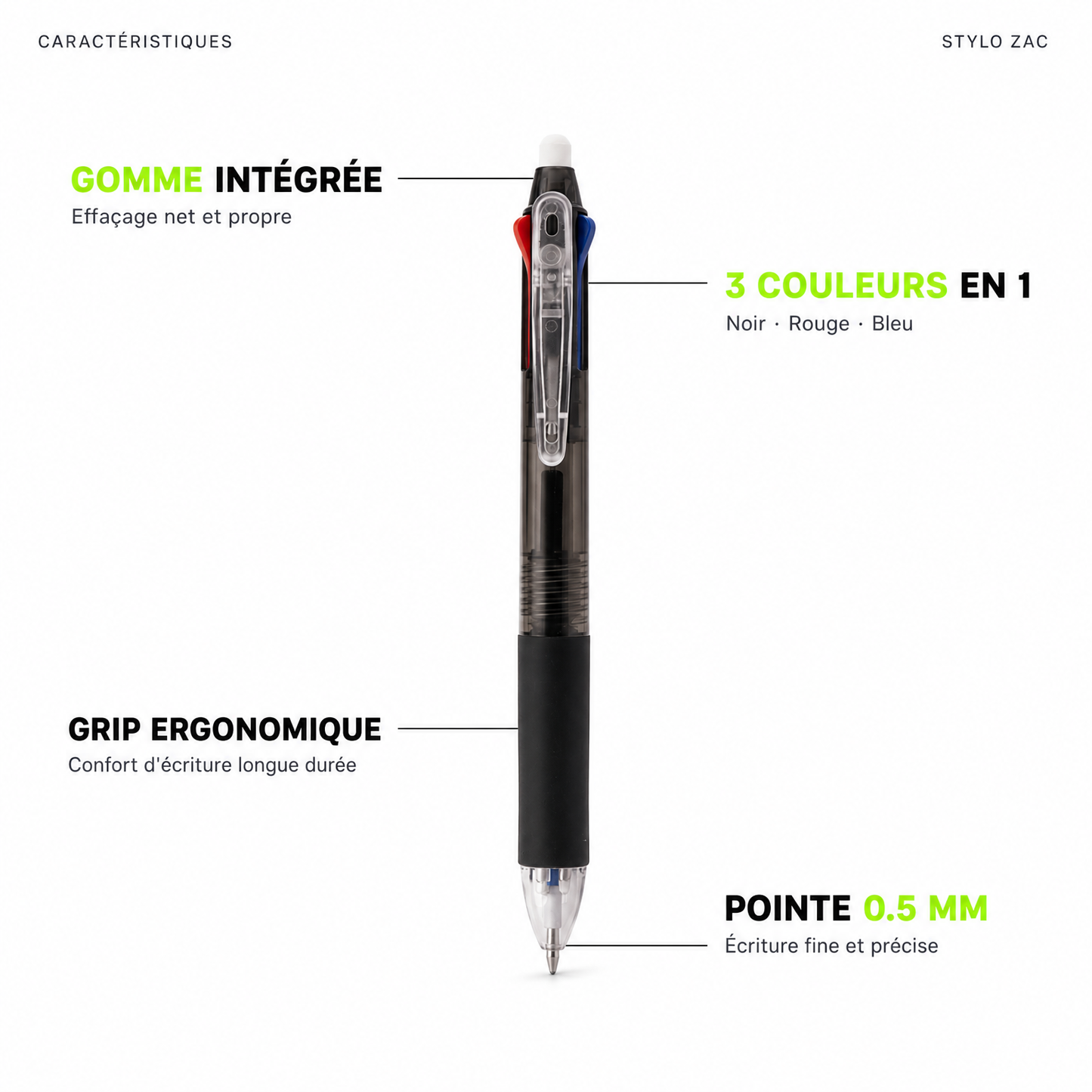 Stylo gel effaçable 3 couleurs ZAC – Bleu, noir et rouge