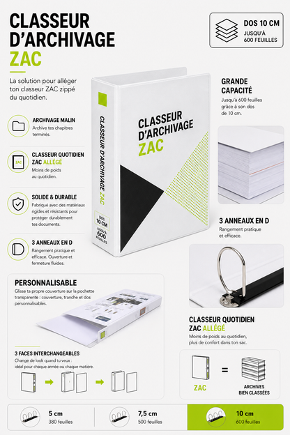 Classeur d’archivage rigide A4 personnalisable ZAC – 3 anneaux