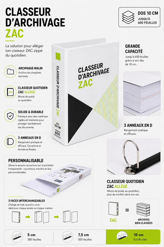 Classeur d’archivage rigide A4 personnalisable ZAC – 3 anneaux