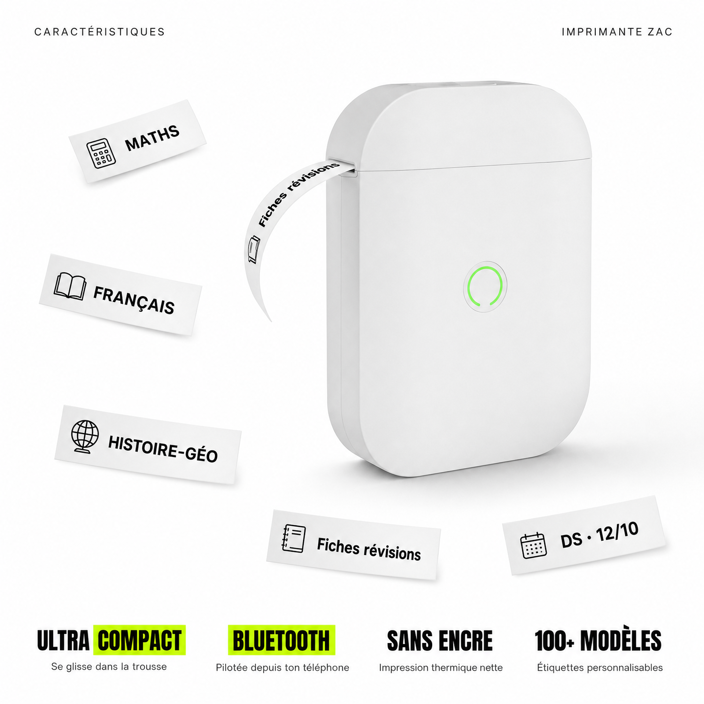 Imprimante d’étiquettes thermique portable ZAC – Bluetooth et sans encre