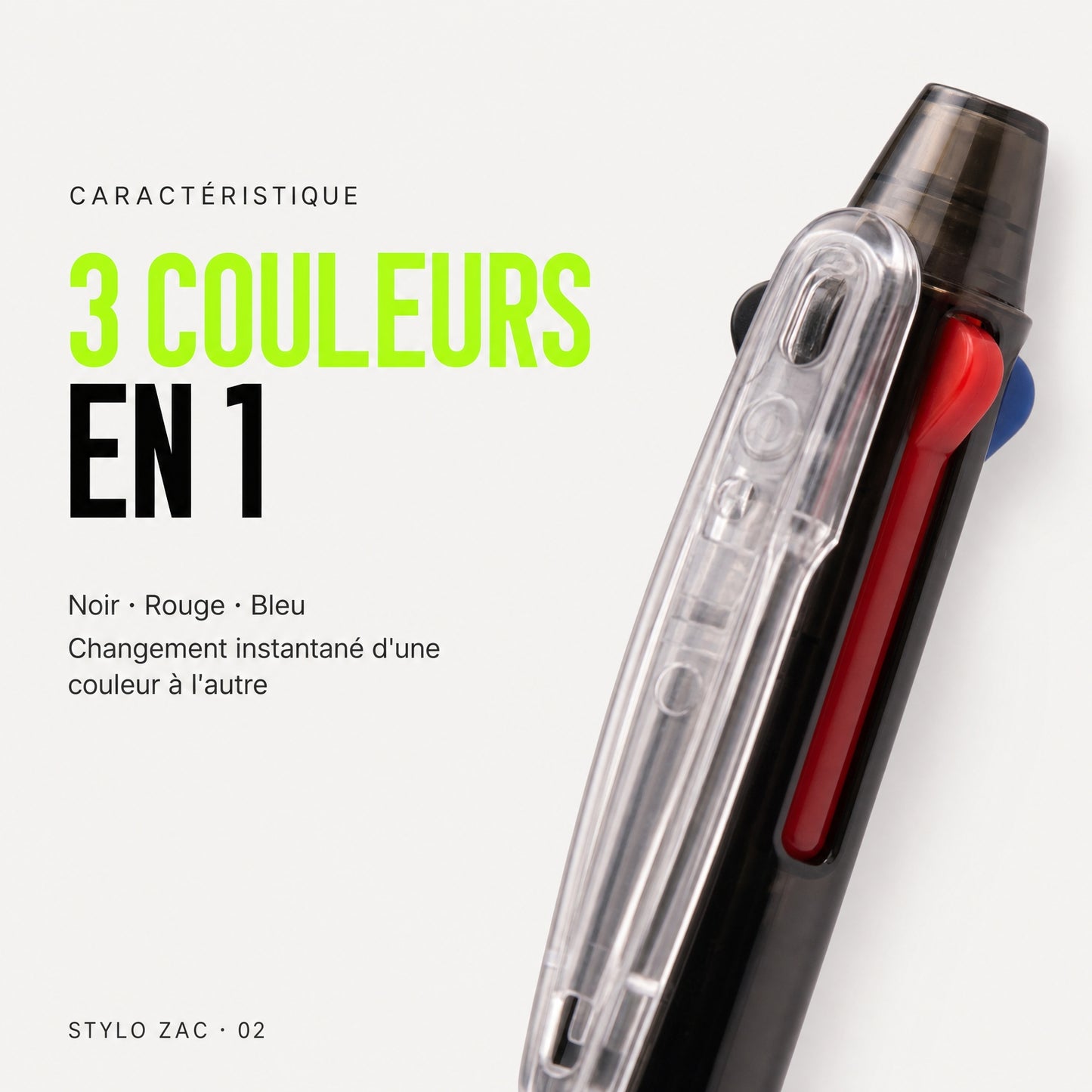 Stylo gel effaçable 3 couleurs ZAC – Bleu, noir et rouge