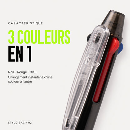 Stylo gel effaçable 3 couleurs ZAC – Bleu, noir et rouge